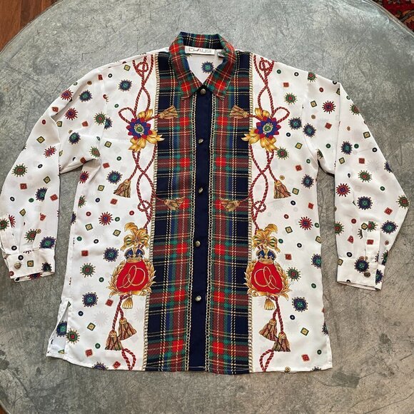 Vintage Chaus Korea Ornate Plaid Design Button Up Shirt Blouse Womens Large - Picture 1 of 11